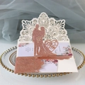 Laser cut rose gold glitter wedding invitation with floral card and heart detail - Glitter Champagne Gold