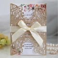 Invito matrimonio dorato glitterato tagliato a laser con nastro e carta floreale - Oro rosa