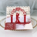 3D pop-up wedding invitation card in red glitter paper with laser cut bride groom silhouette - Red