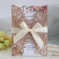 Laser cut rose gold glitter wedding invitation with elegant ribbon and floral inner card - Apple Gold