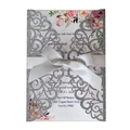 Silver glitter laser cut wedding invitation with white satin bow and floral inner card - Charcoal Silver