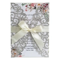 Partecipazione matrimonio argento glitter laser cut con carta floreale e fiocco - Argento Glitter