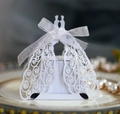 Elegant white laser-cut peacock favor box with pearl paper and a white ribbon bow - White
