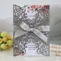 Silver glitter laser-cut wedding invitation with grey silk bow and floral inner card - Charcoal Silver
