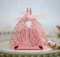 Pink laser-cut peacock wedding favor box with elegant white ribbon and hollow patterns - Pink