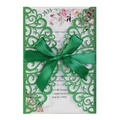Laser cut wedding invitation in glitter green with silk bow and floral insert - Dark Green
