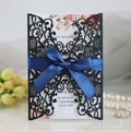 Navy blue glitter laser-cut wedding invitation with elegant satin ribbon and floral insert - Dark Blue