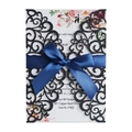 Laser cut black glitter wedding invitation with blue satin ribbon bow and floral card - Glitter Dark Blue