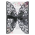 Elegant laser-cut wedding invitation in black glitter finish with a satin bow - Black