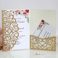 Invito di nozze dorato glitterato tagliato al laser con inserti floreali e schede RSVP - Oro Rosa Scintillante