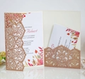Rose gold glitter laser-cut wedding invitation set with floral inner cards and ivory details - Gold Apple