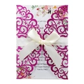 Magenta glitter laser-cut wedding invitation with floral card and ivory silk ribbon - Glitter Rose Red