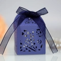 Elegant purple hollow floral laser cut candy gift box with navy blue organza ribbon bow - Sapphire Blue