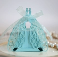 Laser cut peacock candy box in light blue finish with satin ribbon for wedding parties - Pearl Pale Blue