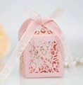 Pink laser-cut lace candy box with heart patterns and elegant organza ribbon bow - Pink