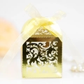 Elegant gold laser-cut lace candy box with yellow organza ribbon for wedding parties - Reflective Gold