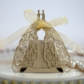 Elegant champagne gold peacock laser cut wedding favor box with a delicate organza ribbon bow - Beige Gold