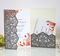 Elegant silver glitter laser-cut wedding invitation featuring autumn leaf design and RSVP card - Charcoal Silver