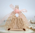 Elegant laser-cut peacock pattern candy box in apricot with a pink ribbon bow - Champagne Gold