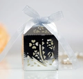 Elegant silver metallic laser-cut flower candy box with a light blue silk ribbon bow - Reflective Silver