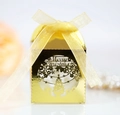 Laser cut gold Christmas tree candy box with Merry Christmas text and yellow silk ribbon - Reflective Gold