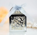 Elegant silver laser-cut wedding favor box with a delicate light blue silk ribbon bow - Reflective Silver