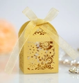 Golden laser cut floral candy box with a shimmering organza ribbon bow for weddings - Gold