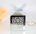 Silver laser-cut hollow candy box with light blue satin ribbon for weddings and parties - Reflective Silver