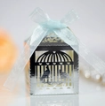 Elegant laser-cut silver birdcage wedding candy box with a light blue organza ribbon - Reflective Silver