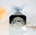 Silver laser-cut Christmas tree candy box with Merry Christmas text and blue ribbon - Reflective Silver