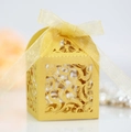 Elegant gold laser-cut hollow candy gift box with a matching sheer organza ribbon - Gold