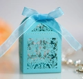 Light blue laser-cut candy box with floral patterns and a matching silk ribbon bow - Tiffany Blue