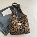 Leopard print plush tote bag with twin straps and brand label for autumn winter fashion - Brown