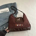 Bolso bandolera mate marrón oscuro retro con bordado de perrito y correa ajustable - café