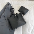 Classic black faux leather tote bag set with matching zippered pouch and minimalist design - Black / Without Pendant