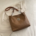 Borsa tote vintage marrone con stampa monogramma M e dettaglio logo tondo argento - Marrone