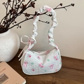 Floral drawstring underarm bag with pleated handle and romantic rose patterns - White