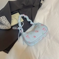 Hellblaue Kordelzug-Schultertasche mit Blumenmuster und gerafftem Riemen für Damen - Blau