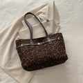 Stylish large capacity tote bag with dark brown leopard print and long shoulder straps - Leopard Print