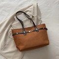 Brown suede tote bag with deep brown handles and golden metal buckle detail - Brown