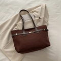 Dark brown suede tote bag with leather straps and gold buckles for stylish commuting - Brown