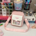 Rosa-weiße Canvas-Umhängetasche mit transparentem Fenster und süßen Kaninchen-Badges - Rosa