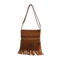 Bolso bandolera de cuero marrón con flecos vintage y detalles de tachuelas doradas - Marrón