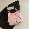 Borsa tote in seersucker rosa con piccoli fiocchi neri e un grande fiocco frontale - Rosa