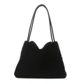 Bolso tote minimalista de felpa negra para mujer con correas de cuero en trapecio - Negro