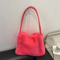 Vibrant hot pink plush faux fur shoulder bag with soft texture and slim straps - Rose Red