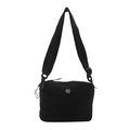 Borsa a tracolla minimalista in tela nera con logo floreale argento e tracolla larga - Nero
