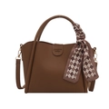 Brown lychee leather bucket bag with top handle and plaid silk scarf decoration - Brown