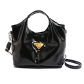 Retro black patent leather tote bag with gold triangle logo and crossbody strap - Black