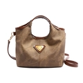 Retro brown textured handbag with canvas拼接 and triangle metal plaque detail - Khaki